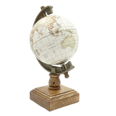 Stilvoller dekorativer Globus Amundsen auf Holzsockel mit Gravur - elegante Dekoration für klassische, Loft- und koloniale Innenräume, ideal als Geschenk - Höhe 26,5 cm, Farbe Weiß-Braun, pädagogischer Akzent in englischer Sprache