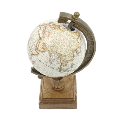 Stilvoller dekorativer Globus Amundsen auf Holzsockel mit Gravur - elegante Dekoration für klassische, Loft- und koloniale Innenräume, ideal als Geschenk - Höhe 26,5 cm, Farbe Weiß-Braun, pädagogischer Akzent in englischer Sprache