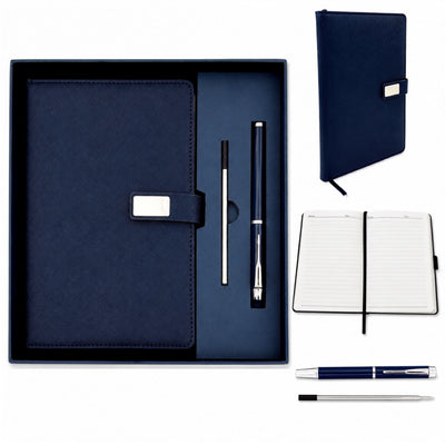 Elegantes Geschenkset marineblaues Ledernotizbuch A5 mit Kugelschreiber in Geschenkbox - EE13