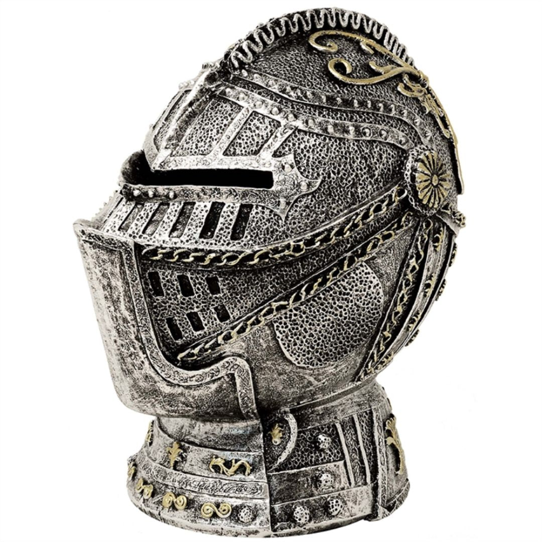 Dekorative Spardose Ritterhelm mit Gravur – antikes Silber, 13 cm