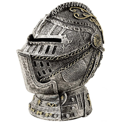 Dekorative Spardose Ritterhelm mit Gravur – antikes Silber, 13 cm