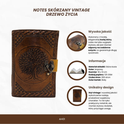 Leder-Notizbuch Vintage Retro 200 Seiten – Baum des Lebens - AH01