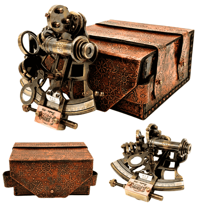 Retro-Sextant aus Messing im Lederetui - Elegantes Navigationsinstrument mit Gravurmöglichkeit - Ideales Geschenk für Liebhaber der Seefahrt und Geschichte - Maße 13x12x7 cm