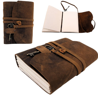 Retro-Leder-Notizbuch mit Schlüssel und Riemen, 200 Seiten, 18 x 13 cm - AH02