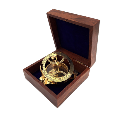 Dollond-Kompass aus Messing in einer Holzschachtel mit Sonnenuhr-Funktion - Ideal als Geschenk mit Gravurmöglichkeit - Antiker Stil, Maße 7,5 x 7,5 x 3 cm