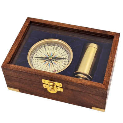 Geschenkset mit Messingkompass und Fernrohr in eleganter Holzschachtel mit Gravur