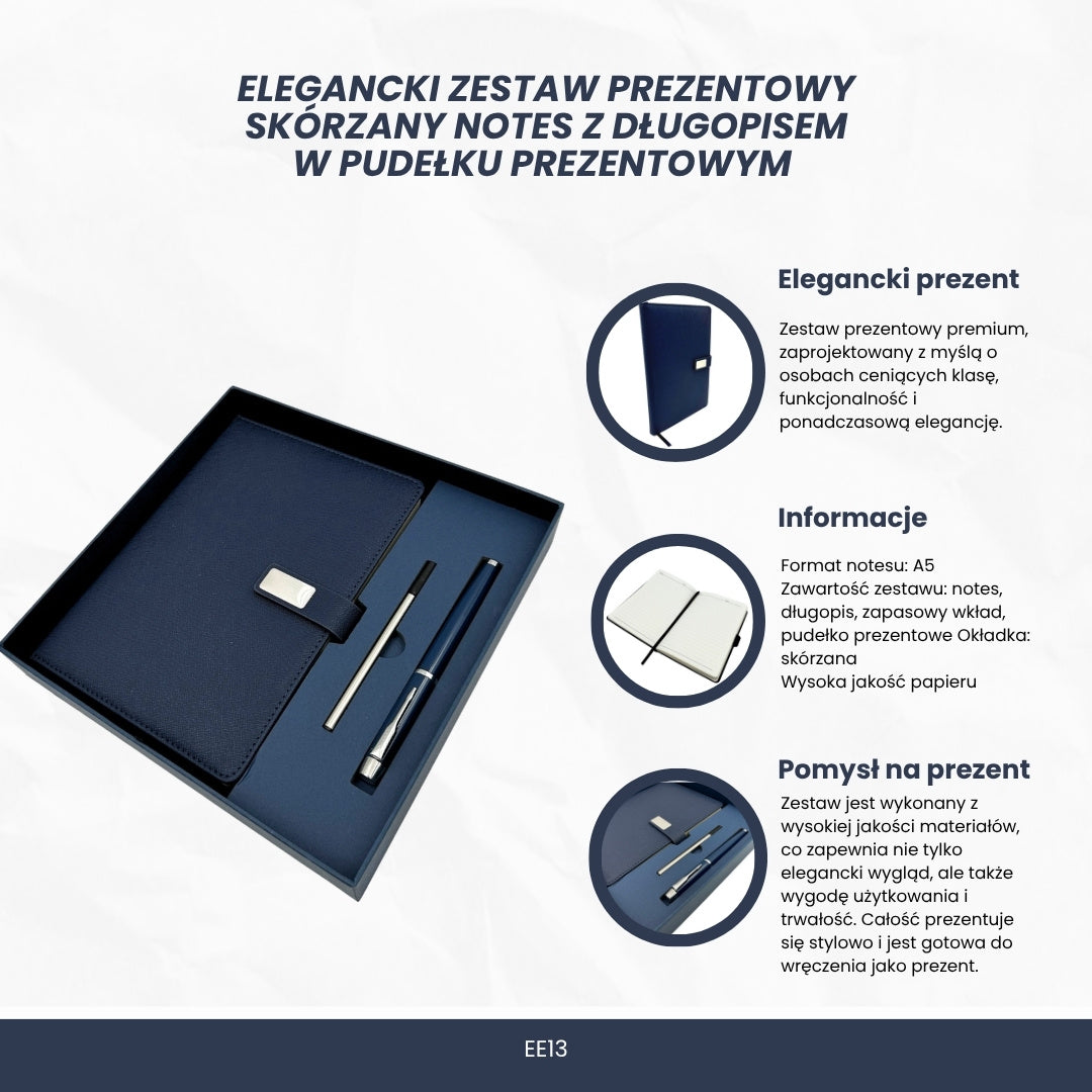 Elegantes Geschenkset marineblaues Ledernotizbuch A5 mit Kugelschreiber in Geschenkbox - EE13