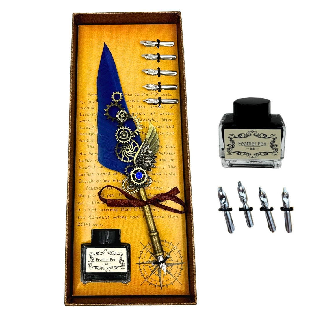 Retro-Kalligrafie-Set mit blauer Gänsefeder, Vintage, 6 Federspitzen, Tinte, Geschenk – EE11
