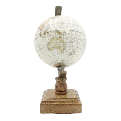 Stilvoller dekorativer Globus Amundsen auf Holzsockel mit Gravur - elegante Dekoration für klassische, Loft- und koloniale Innenräume, ideal als Geschenk - Höhe 26,5 cm, Farbe Weiß-Braun, pädagogischer Akzent in englischer Sprache