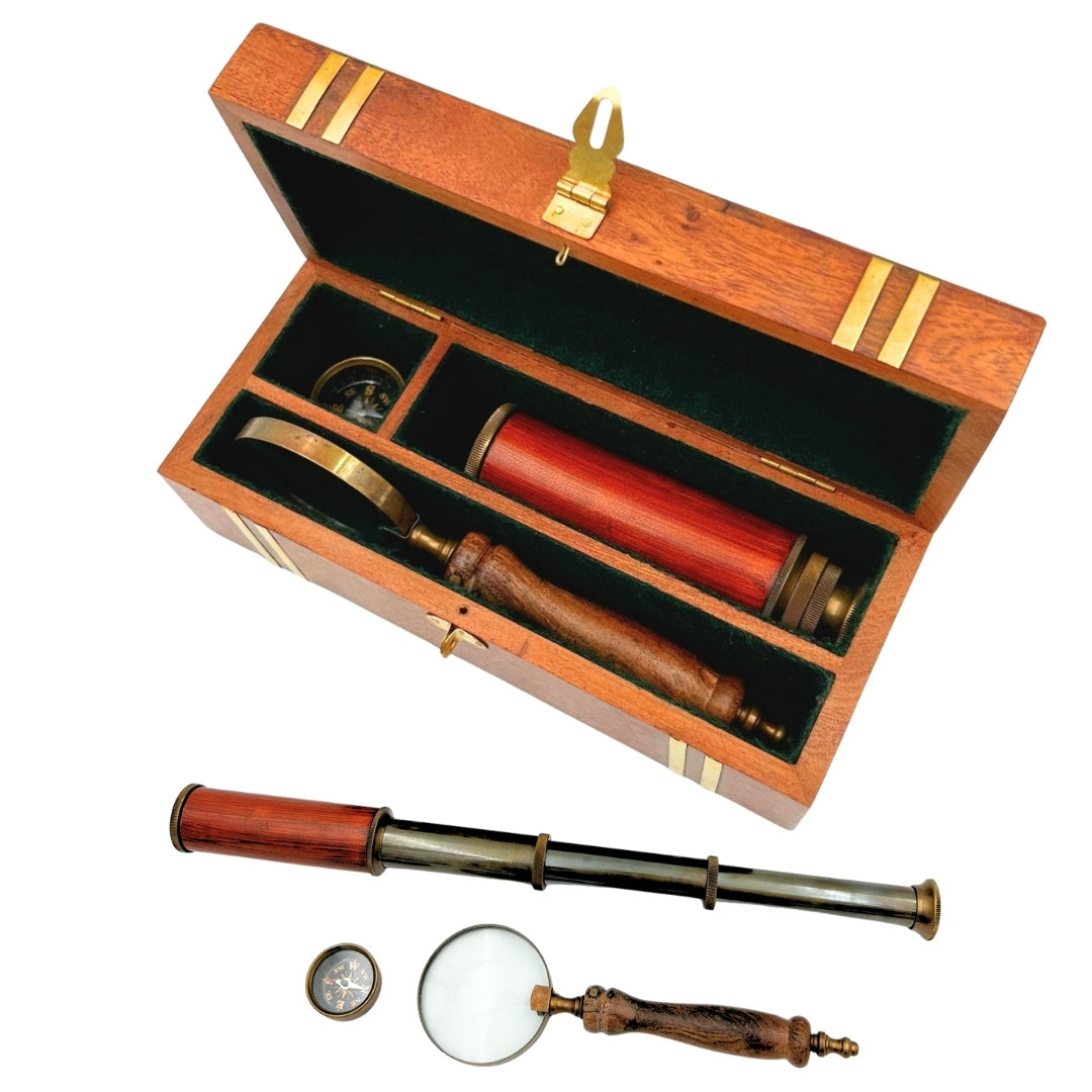 Exklusives Retro-Geschenkset – Fernrohr, Kompass und Lupe - NC102369