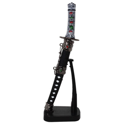 Personalisierter Brieföffner in Form eines Samuraischwerts mit Gravur auf Ständer, 21 cm hoch