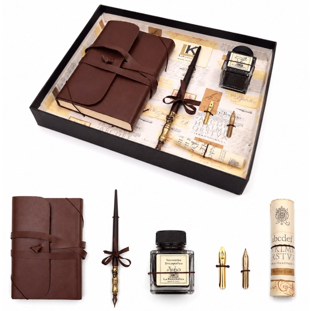 Exklusives Kalligrafie-Set mit Notizbuch - Feder + 3 Schreibfedern + Tintenfass - 5006
