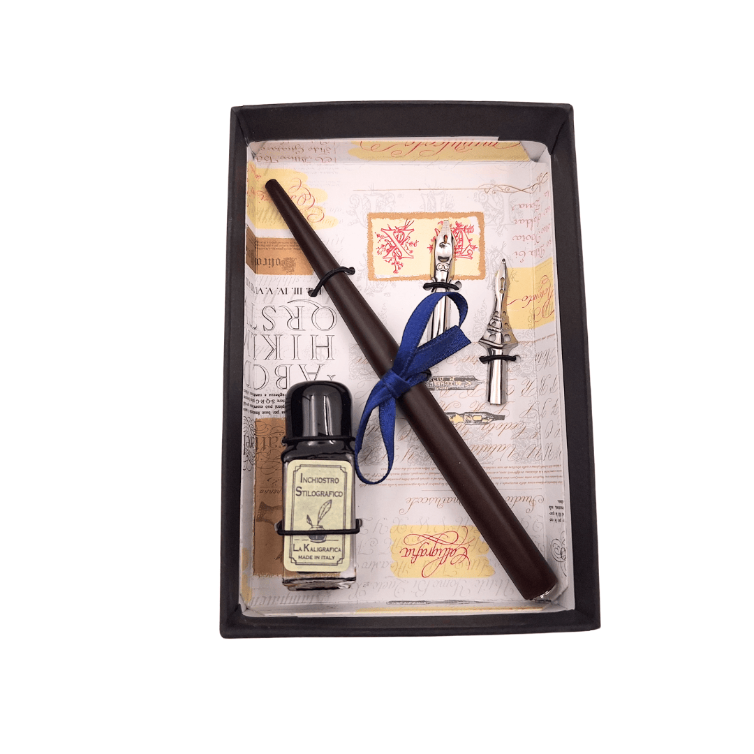 Kalligrafie-Set - Feder mit zwei Schreibfedern + Tintenfass - 5422