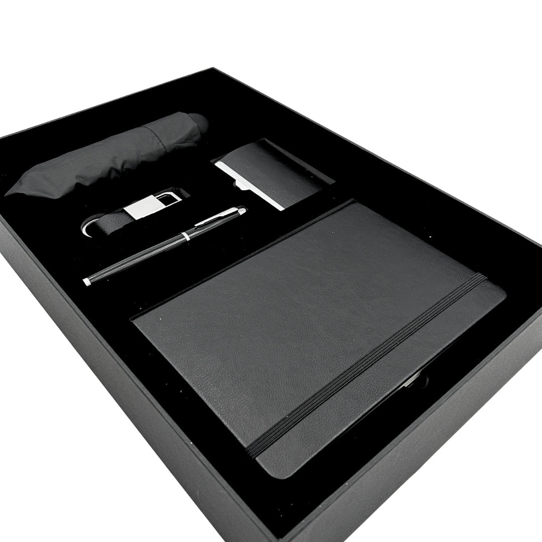 Elegantes Premium-Business-Geschenkset - Ledernotizbuch Regenschirm Visitenkartenetui Kugelschreiber Schlüsselanhänger - EE15