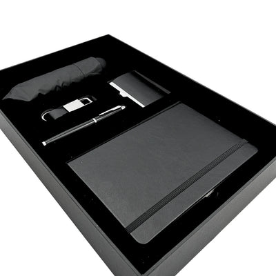 Elegantes Premium-Business-Geschenkset - Ledernotizbuch Regenschirm Visitenkartenetui Kugelschreiber Schlüsselanhänger - EE15