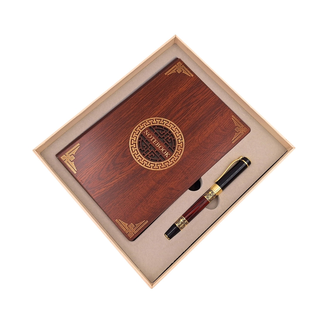 Exklusives Premium-Geschenkset Notizbuch A5 aus Holz + Kugelschreiber – EE2