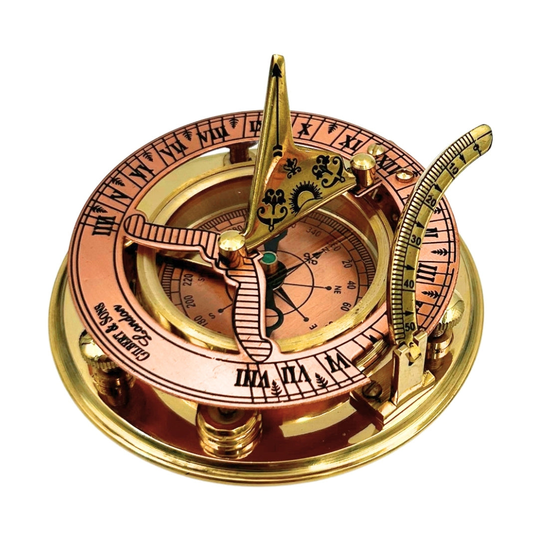 Messingkompass mit Sonnenuhr in eleganter Holzschachtel - Ideales Geschenk mit Personalisierung durch Gravur - Retro-Stil, klassische Ausführung, hohe Qualität