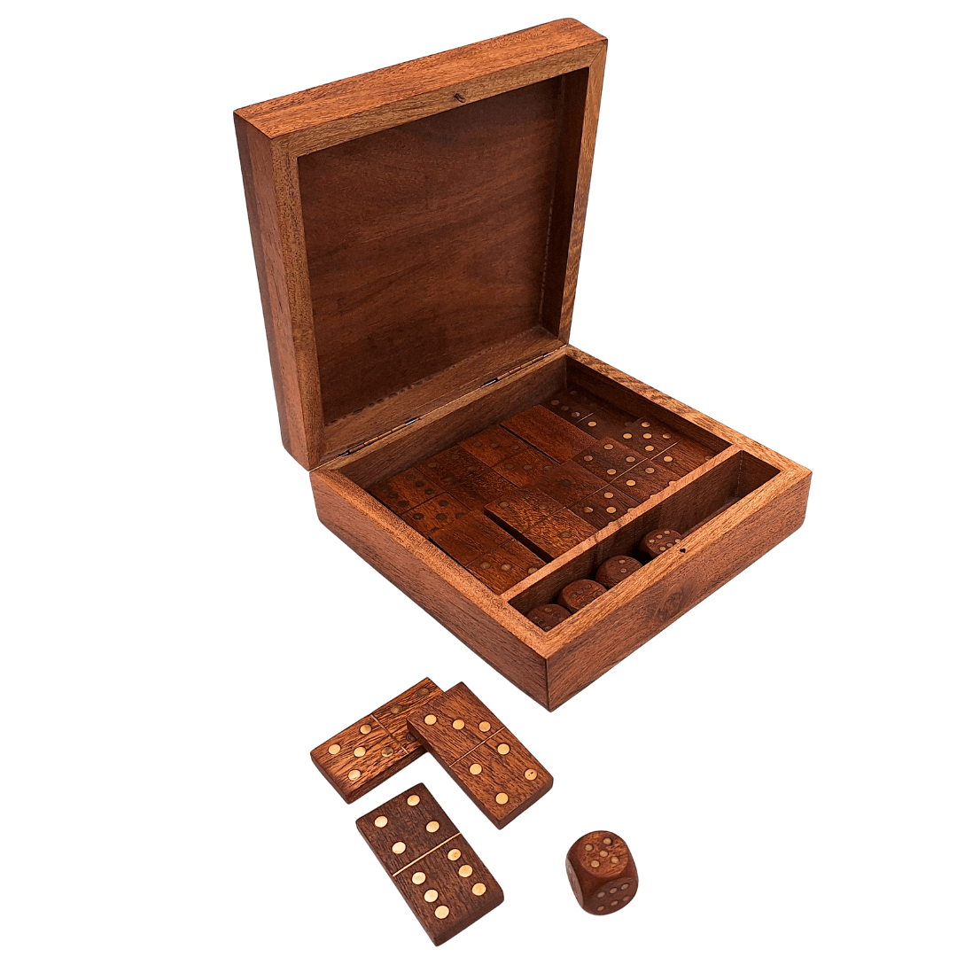 Spieleset – Domino und Spielwürfel in einer Holzbox – DO-002
