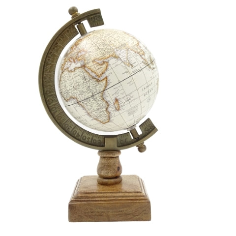 Stilvoller dekorativer Globus Amundsen auf Holzsockel mit Gravur - elegante Dekoration für klassische, Loft- und koloniale Innenräume, ideal als Geschenk - Höhe 26,5 cm, Farbe Weiß-Braun, pädagogischer Akzent in englischer Sprache