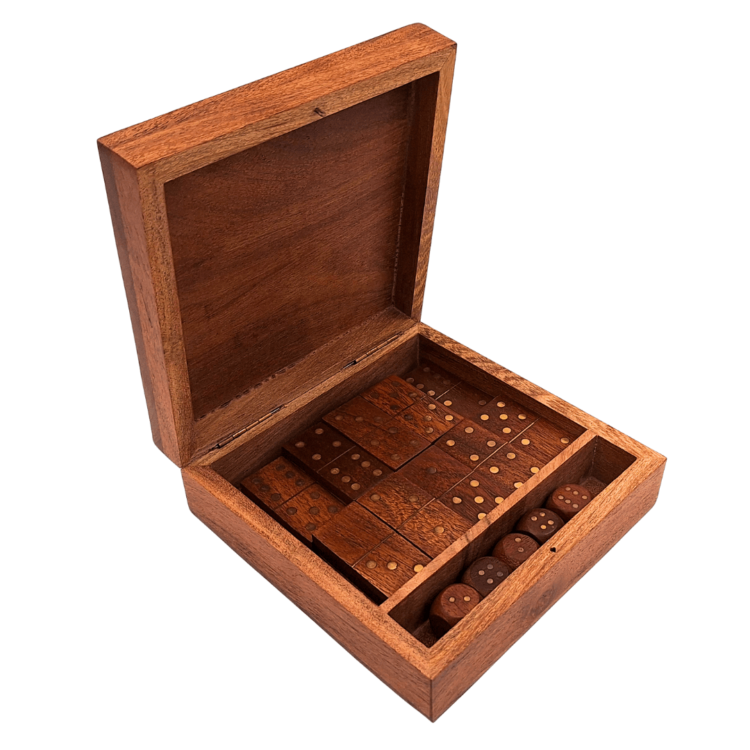 Spieleset – Domino und Spielwürfel in einer Holzbox – DO-002