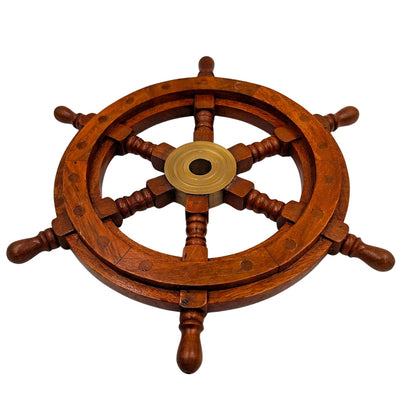 Hölzernes Steuerrad mit Messingeinsatz und Platz für einen Keil - Durchmesser 30 cm - ideales Geschenk mit Möglichkeit zur Personalisierung durch Gravur - maritimer und Retro-Stil