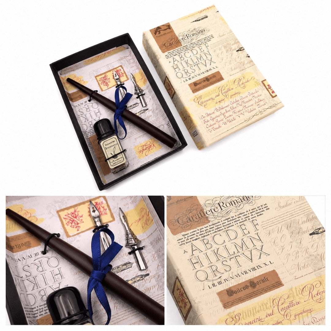 Kalligrafie-Set - Feder mit zwei Schreibfedern + Tintenfass - 5422