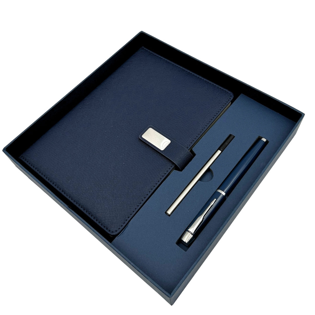 Elegantes Geschenkset marineblaues Ledernotizbuch A5 mit Kugelschreiber in Geschenkbox - EE13