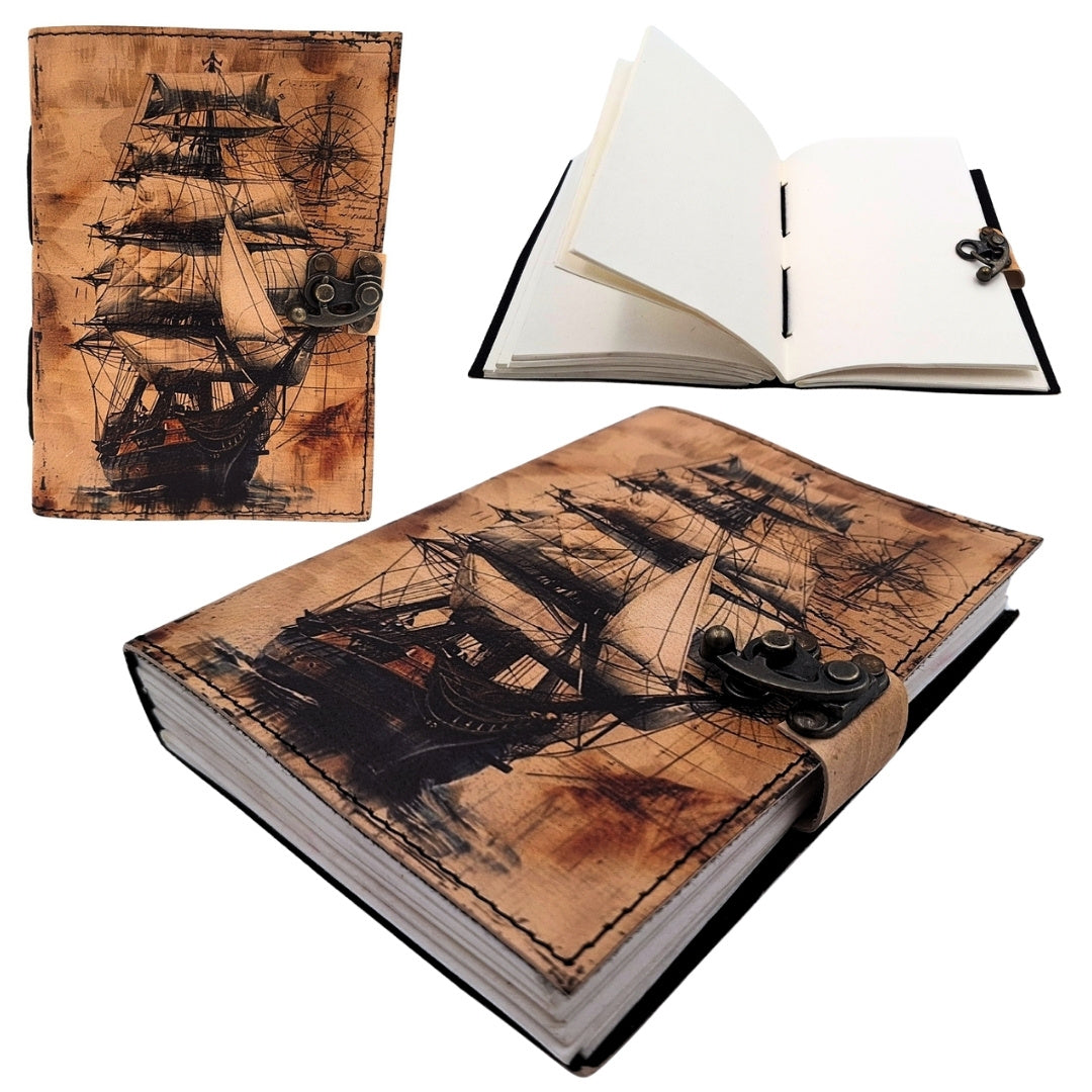 Maritimes Retro-Leder-Notizbuch Segelschiff - Geschenk für einen Segler – AH11