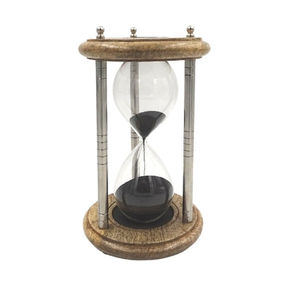 Messing-Holz-Sanduhr 10 min mit Gravur - elegantes Geschenk in Schwarz, Höhe 25 cm, gefertigt aus Metall, Glas und Mangoholz