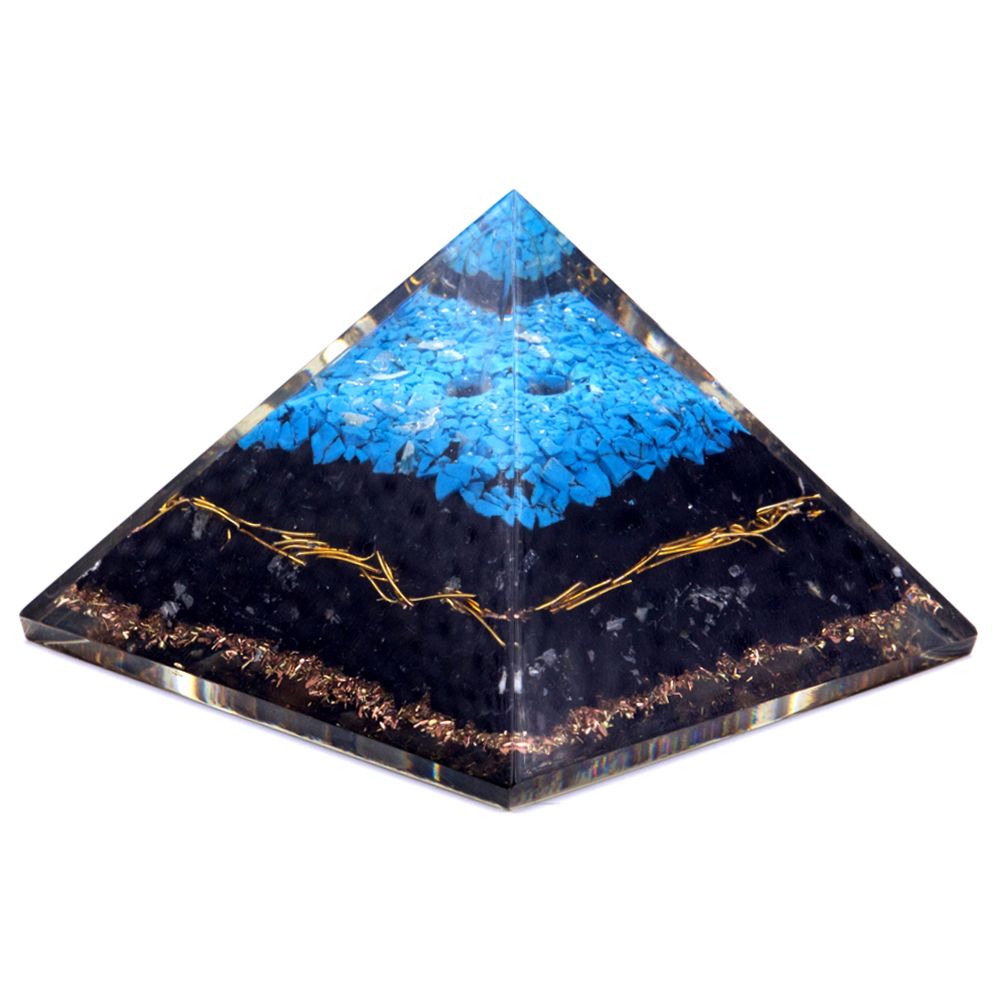 Orgonit-Pyramide mit türkisfarbener Spitze und schwarzem Turmalin