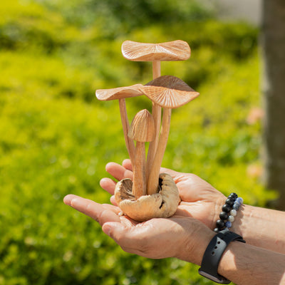 Handgeschnitzte Waldpilze - Set mit 4 großen Pilzen aus Naturholz, ideales Geschenk - Höhe 14 cm, einzigartiger rustikaler Stil, perfekt für die Innendekoration
