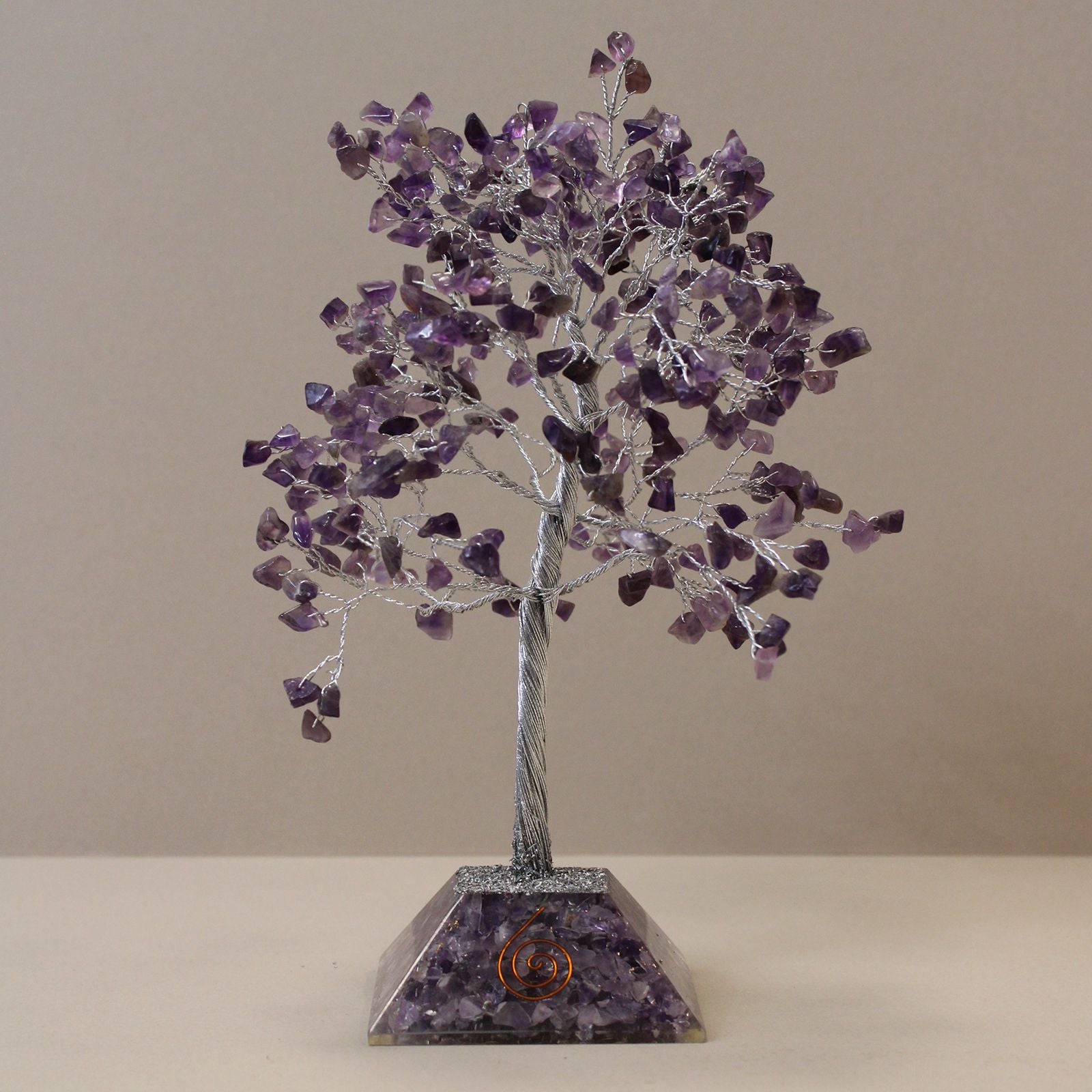 Glücksbaum mit Amethystkristallen - 320 Steine, violette Blätter, Orgonit-Basis