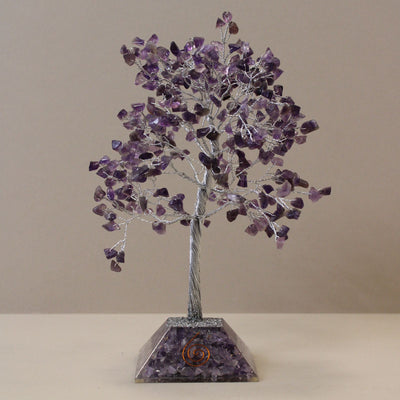 Glücksbaum mit Amethystkristallen - 320 Steine, violette Blätter, Orgonit-Basis