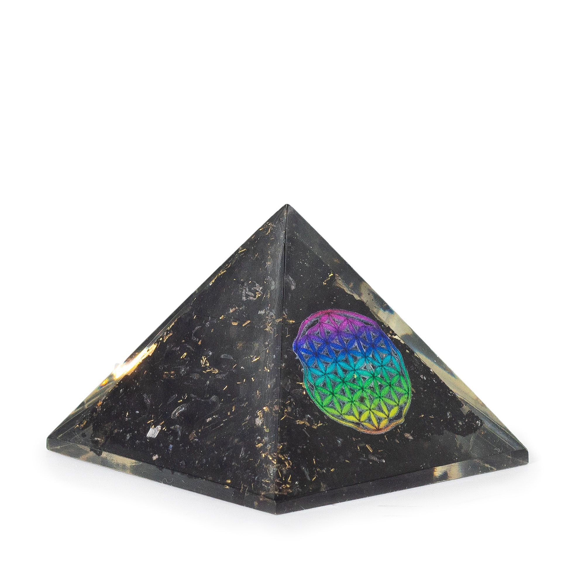 Orgon-Pyramide aus schwarzem Turmalin 5.5x4.5cm mit Blume des Lebens
