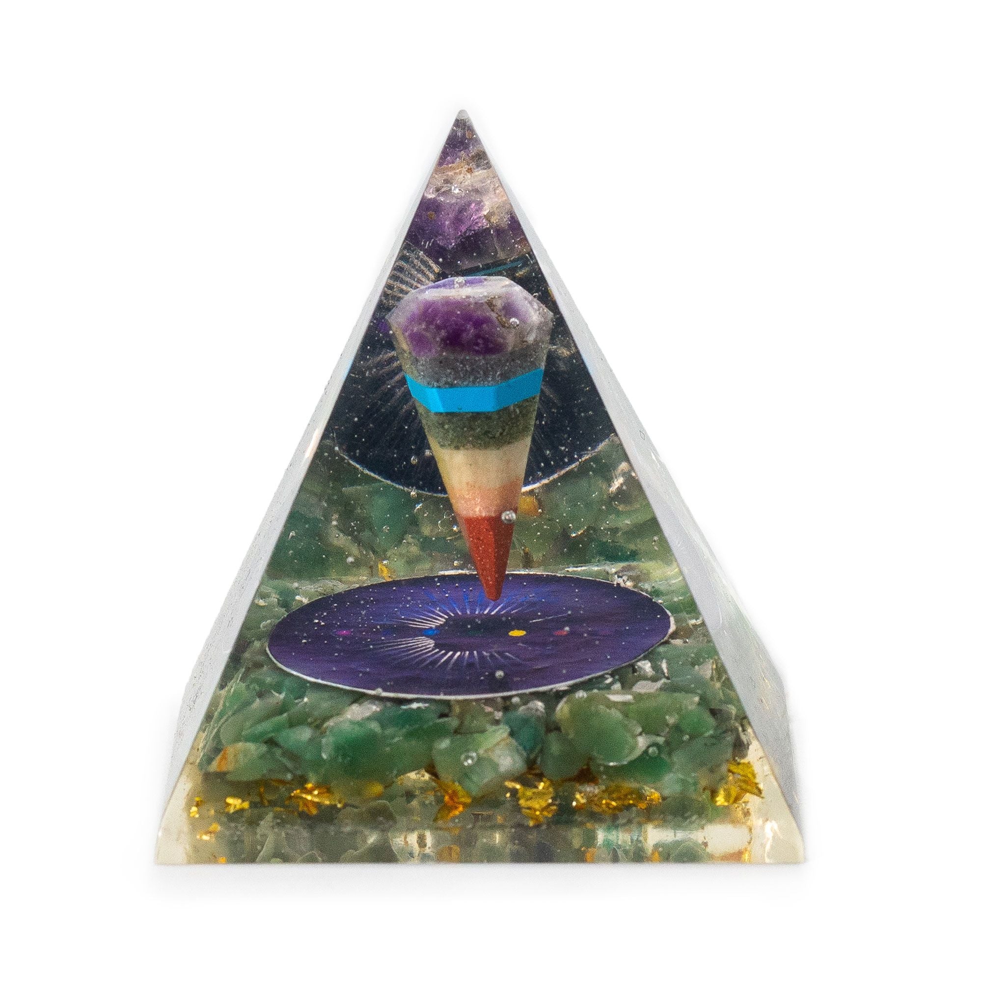 Mittlere Orgonit-Pyramide mit Pendel und grünen Aventurin-Chips 7x6 cm