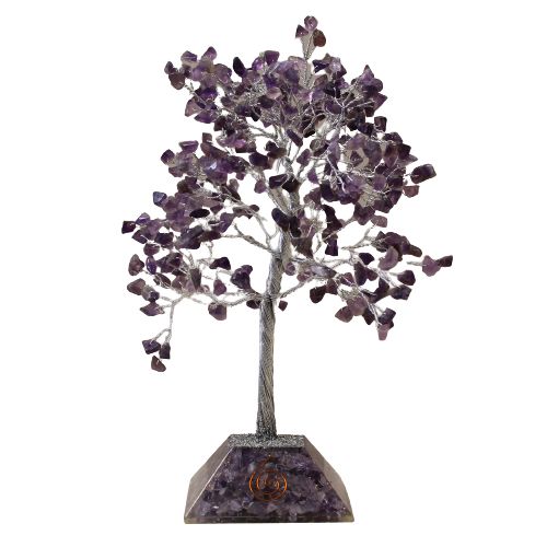 Glücksbaum mit Amethystkristallen - 320 Steine, violette Blätter, Orgonit-Basis