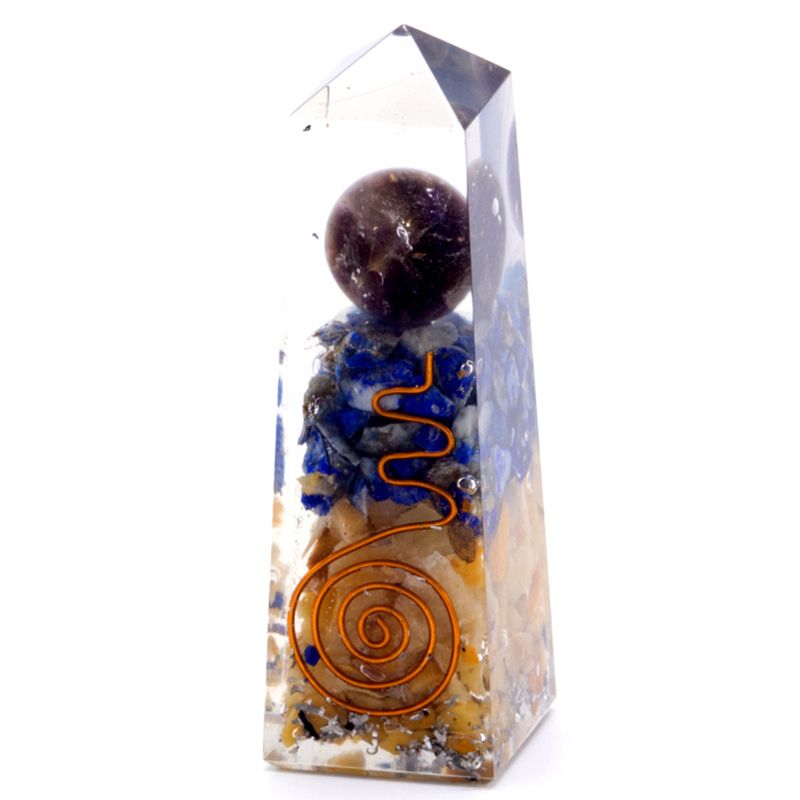 Orgonit-Kraftobelisk mit Kupfer, Lapis und gelbem Aventurin
