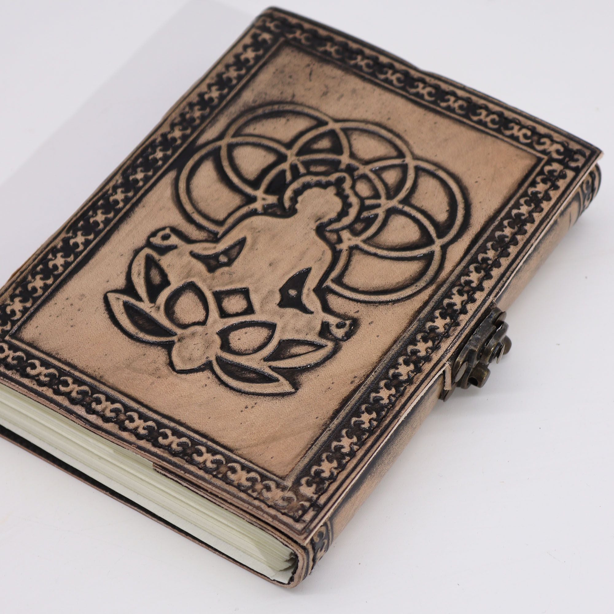Esoterisches Buddha-Notizbuch in Rot-Tan - Ledernotizbuch mit 200 Seiten, Maße 17.5x12.5x3 cm