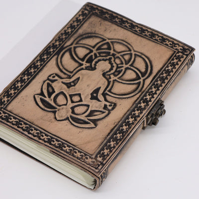 Esoterisches Buddha-Notizbuch in Rot-Tan - Ledernotizbuch mit 200 Seiten, Maße 17.5x12.5x3 cm