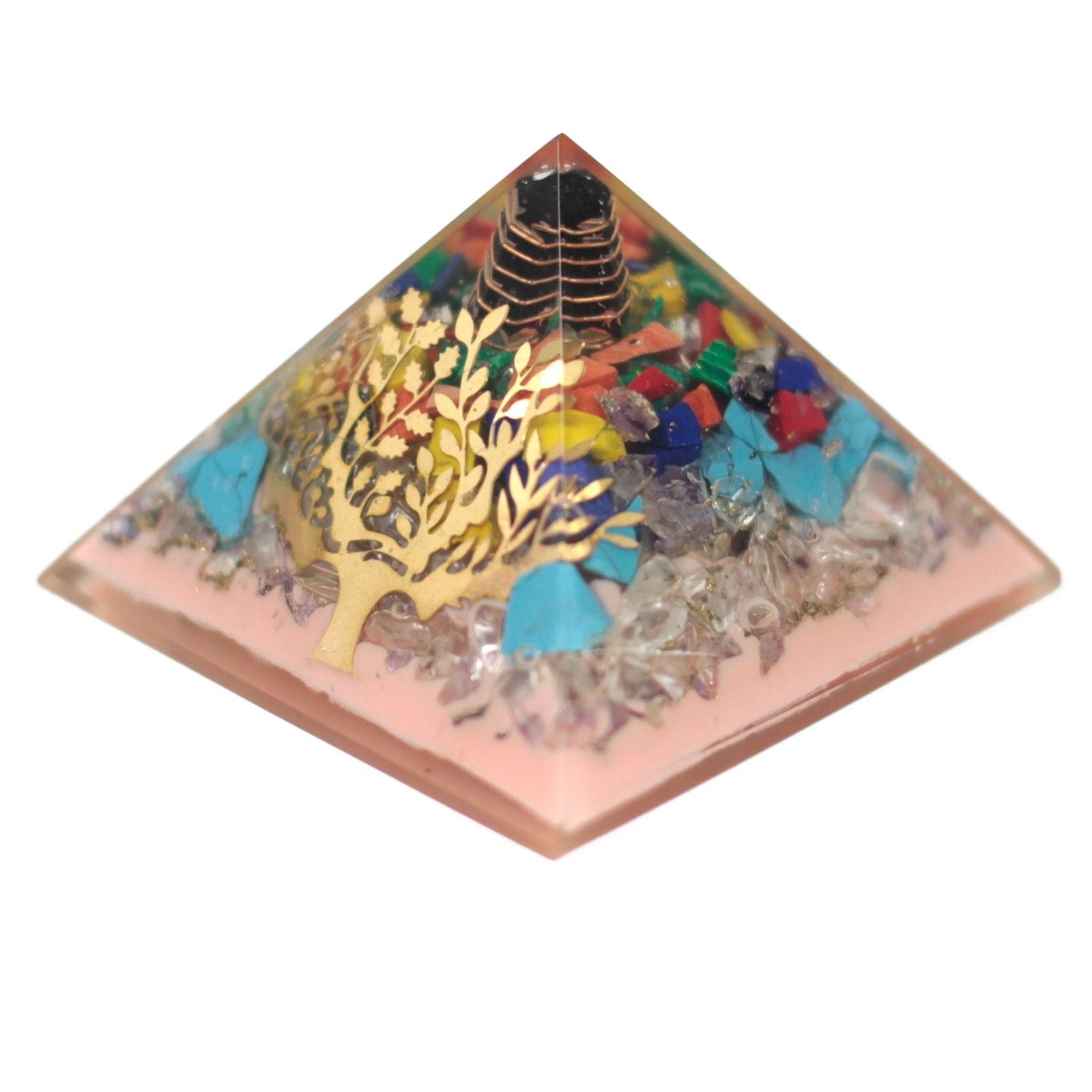 Orgonit-Pyramide 70mm - Baum aus Edelsteinen, Kupfer und Metalleinlagen