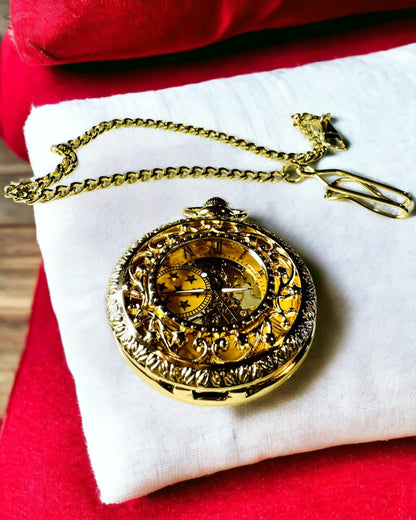 "Złoty Majestat" - Luxuriöse mechanische Taschenuhr mit transparentem Kern. Personalisierung mit Gravur