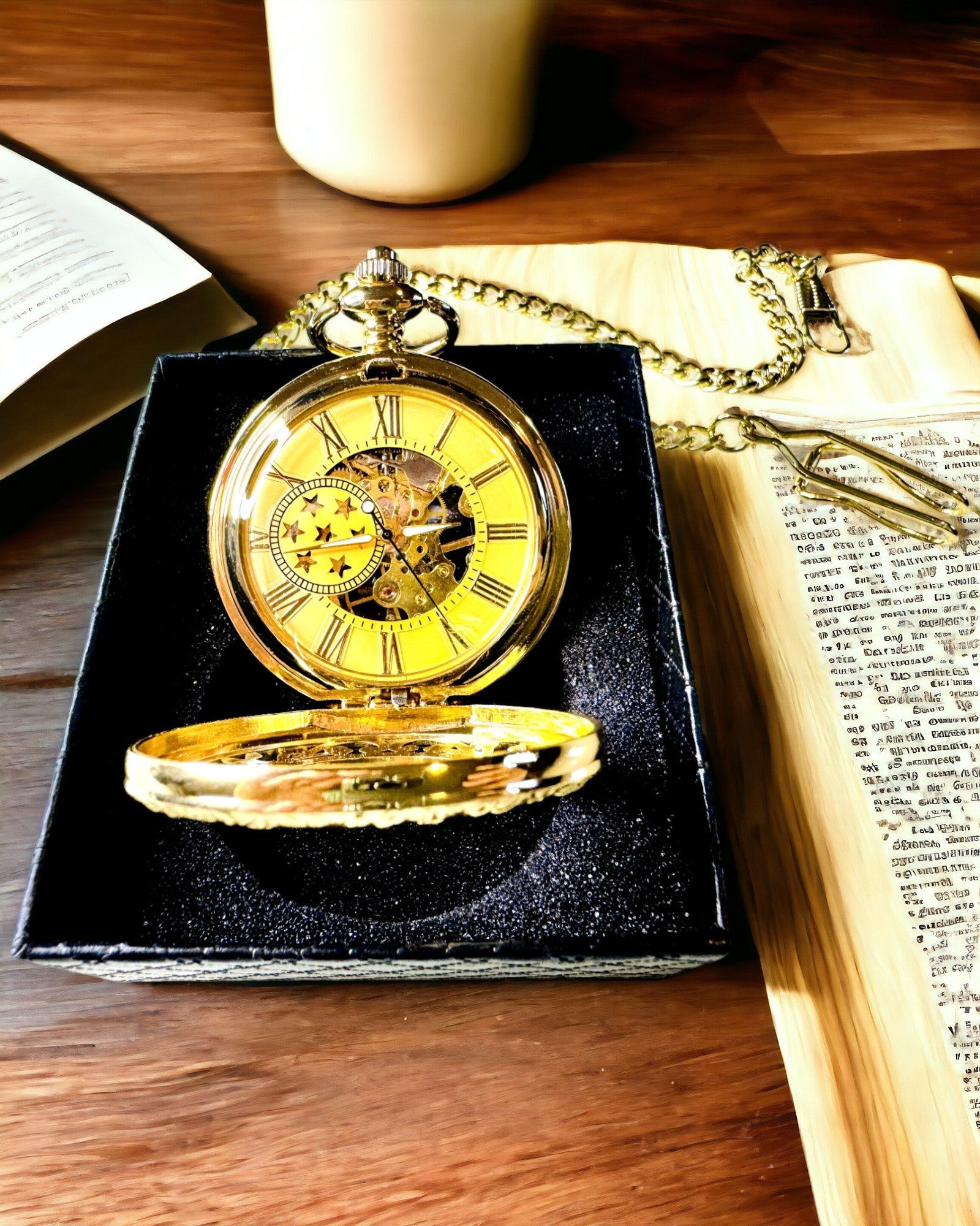"Złoty Majestat" - Luxuriöse mechanische Taschenuhr mit transparentem Kern. Personalisierung mit Gravur