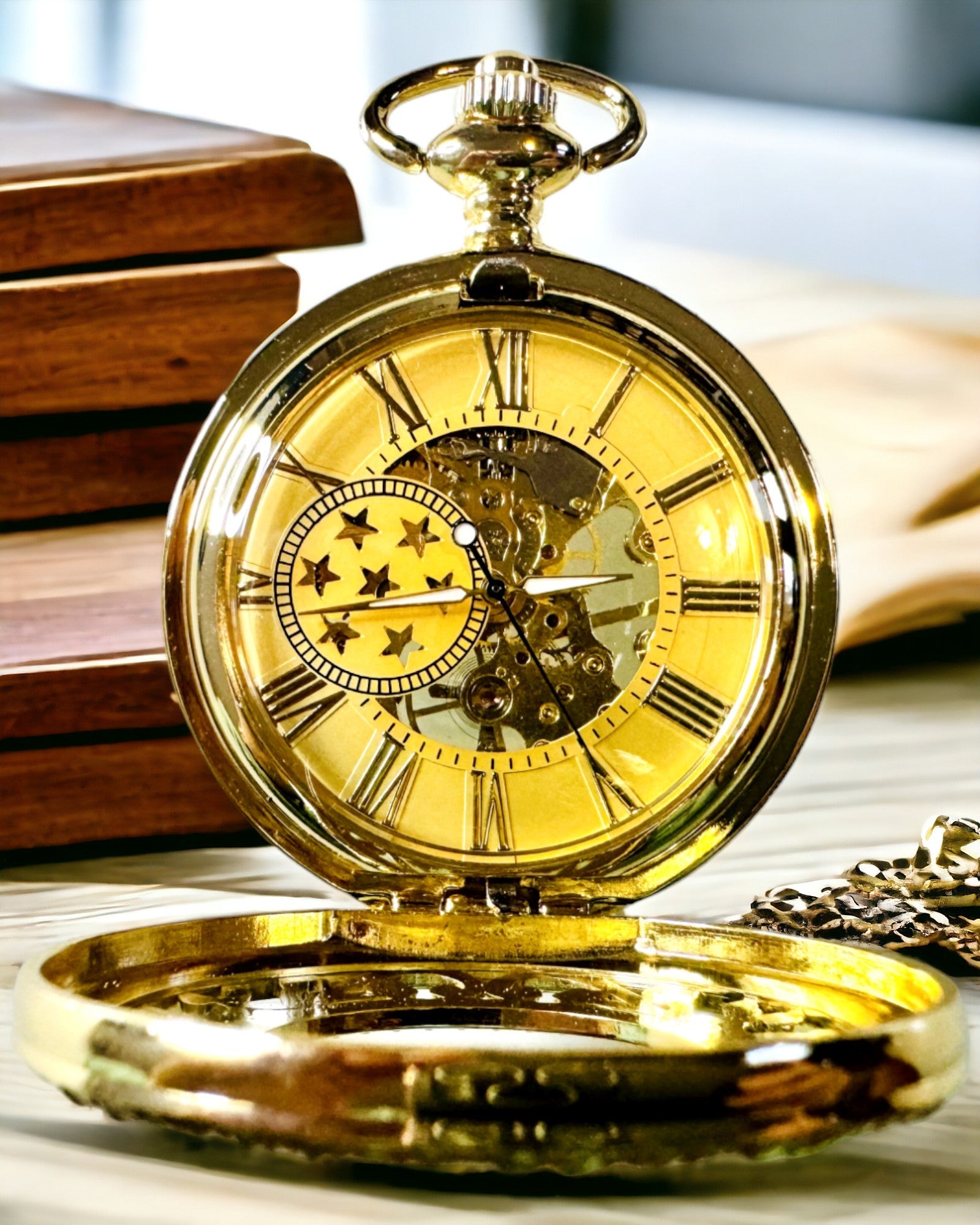 "Złoty Majestat" - Luxuriöse mechanische Taschenuhr mit transparentem Kern. Personalisierung mit Gravur