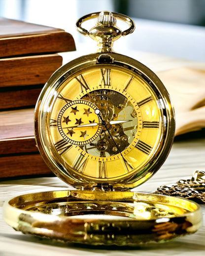 "Złoty Majestat" - Luxuriöse mechanische Taschenuhr mit transparentem Kern. Personalisierung mit Gravur