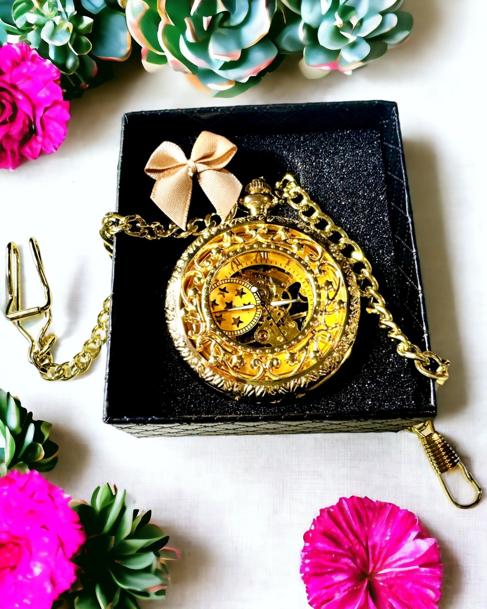 "Złoty Majestat" - Luxuriöse mechanische Taschenuhr mit transparentem Kern. Personalisierung mit Gravur