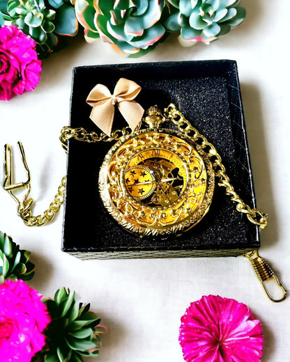 "Złoty Majestat" - Luxuriöse mechanische Taschenuhr mit transparentem Kern. Personalisierung mit Gravur