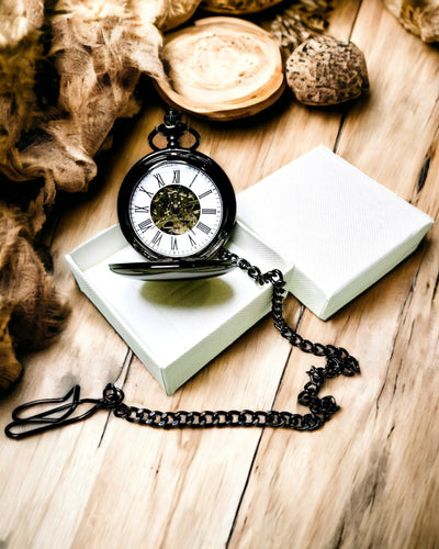 Klassische Mechanische Taschenuhr mit Doppelabdeckung – Manuell, Schwarz, Personalisierung mit Gravur