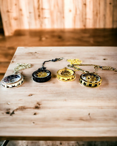 Retro Taschenuhr – Mechanisch, Farbe gehämmertes Gold, Wasserdicht, Personalisierung mit Gravur
