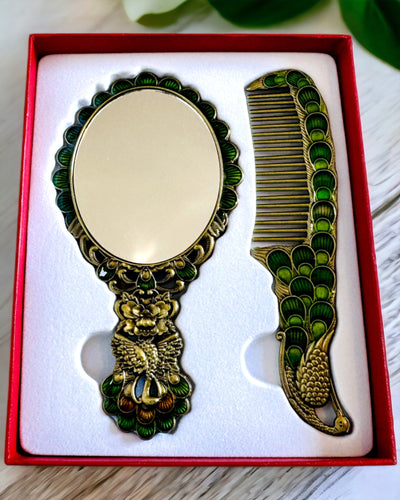 Vintage-Set mit Spiegel und Kamm im Pfauenmotiv - Dekorative Kosmetikaccessoires