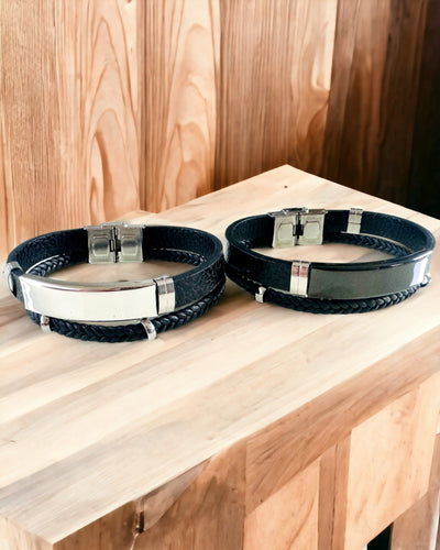 Herrenarmband aus PU-Leder und Edelstahl mit Gravurmöglichkeit – Erhältlich in Zwei Farbvarianten